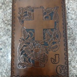 Custom Leather Bible Cover with Embossed Cross and Floral Design
