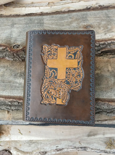 Custom Leather Bible Cover with Embossed Cross and Floral Design