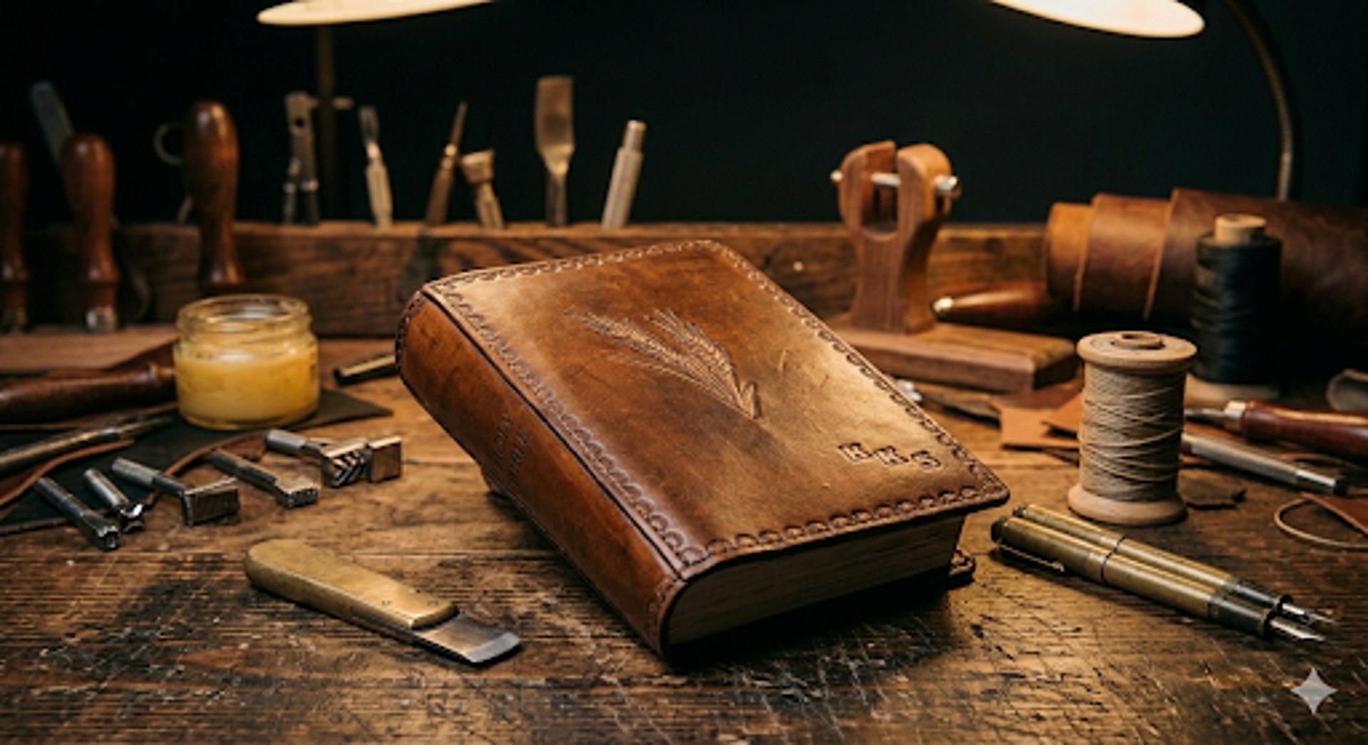 Leather crafting tools and a handmade leather cover